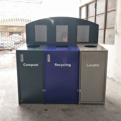 3 Compartment Steel Outdoor Trash Cans With Cover Lid Rustproof