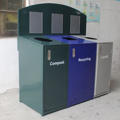 3 Compartment Steel Outdoor Trash Cans With Cover Lid Rustproof