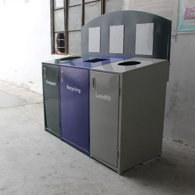 3 Compartment Steel Outdoor Trash Cans With Cover Lid Rustproof