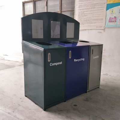 3 Compartment Steel Outdoor Trash Cans With Cover Lid Rustproof