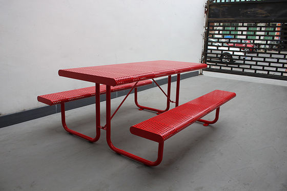 Perforated Steel Outdoor Picnic Table With Benches Surface Mounted Free Standing