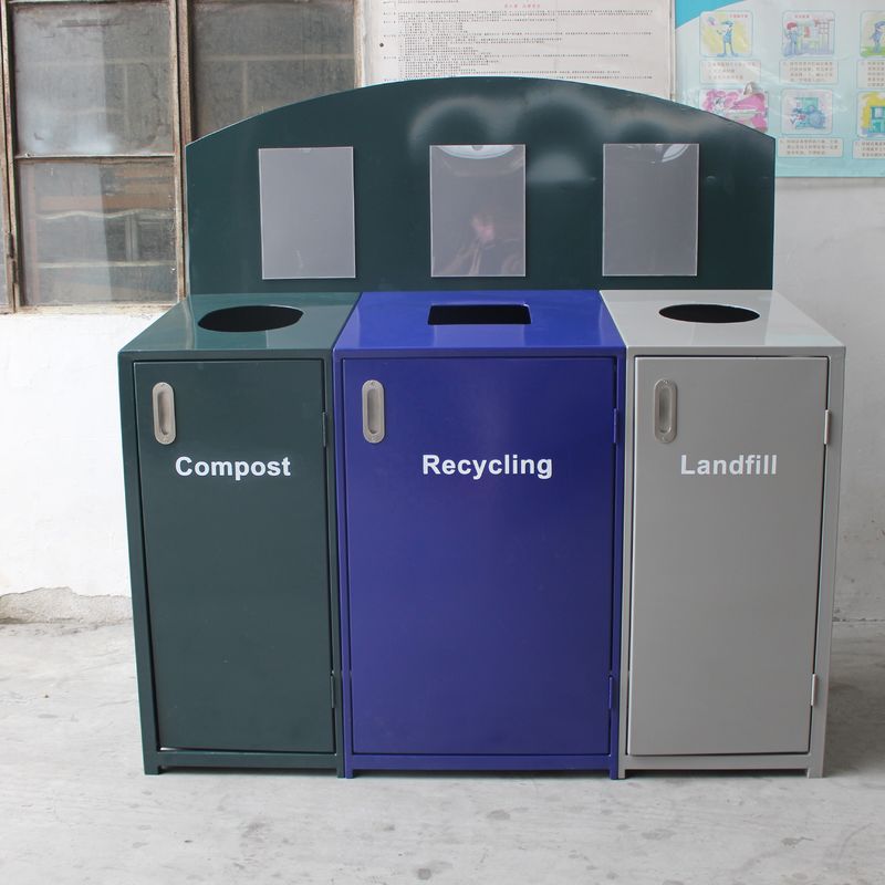 3 Compartment Steel Outdoor Trash Cans With Cover Lid Rustproof